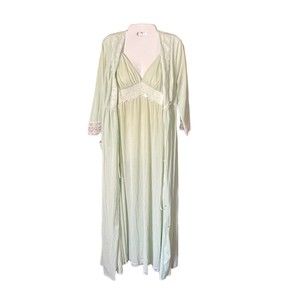 VTG 60s Shadowline Peignor Gown Robe Set Size M Mint Green Empire Waist Plunge